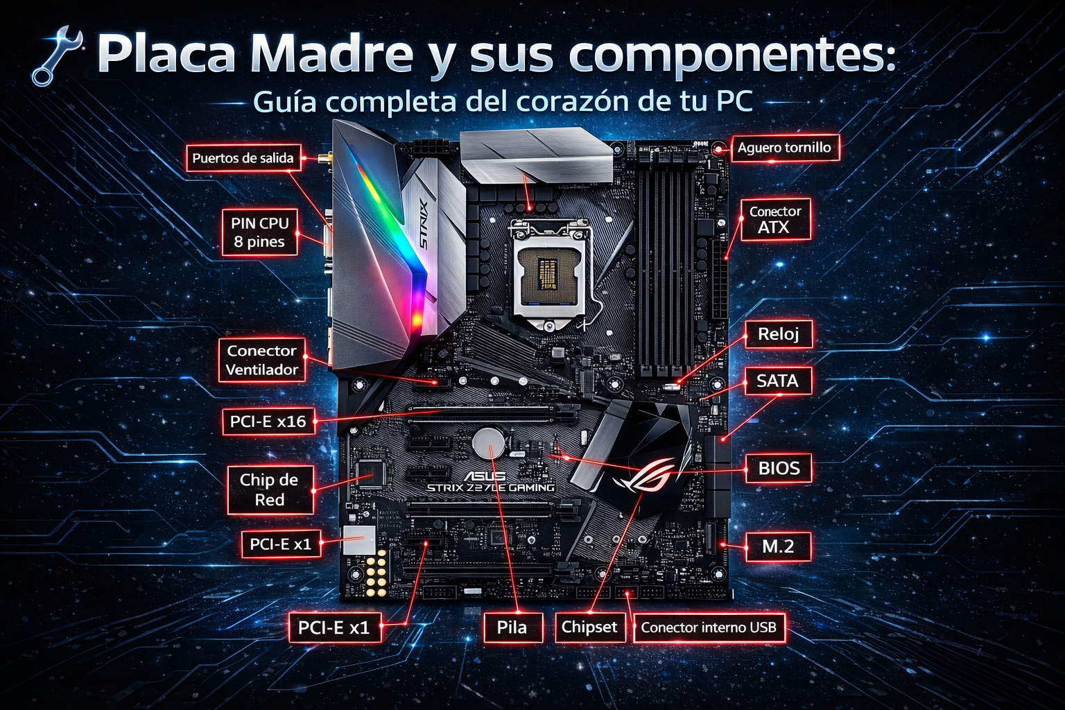 Diagrama de placa madre mostrando socket CPU, slots RAM DDR5, PCIe, M.2, chipset, VRM y conectores I/O etiquetados