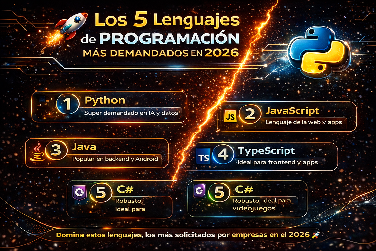 Infografía visual de los 5 lenguajes de programación más demandados en 2026 mostrando Python, JavaScript, Java, Go y C# con estadísticas salariales