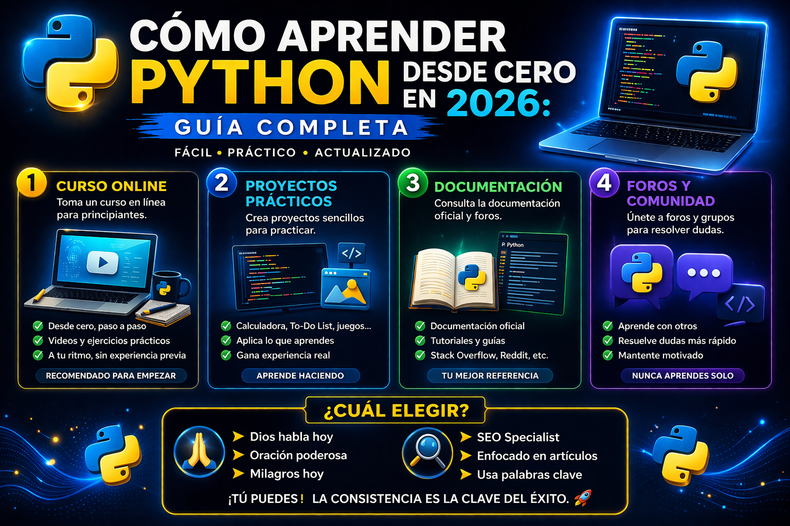 Guía visual mostrando cómo aprender Python desde cero en 2026 con recursos, herramientas y metodología paso a paso para principiantes