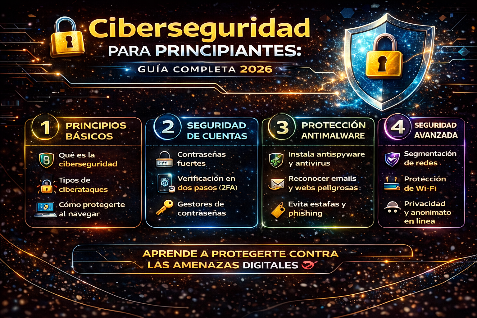 Infografía visual de ciberseguridad para principiantes guía 2026 mostrando amenazas comunes, mejores prácticas de protección y herramientas esenciales