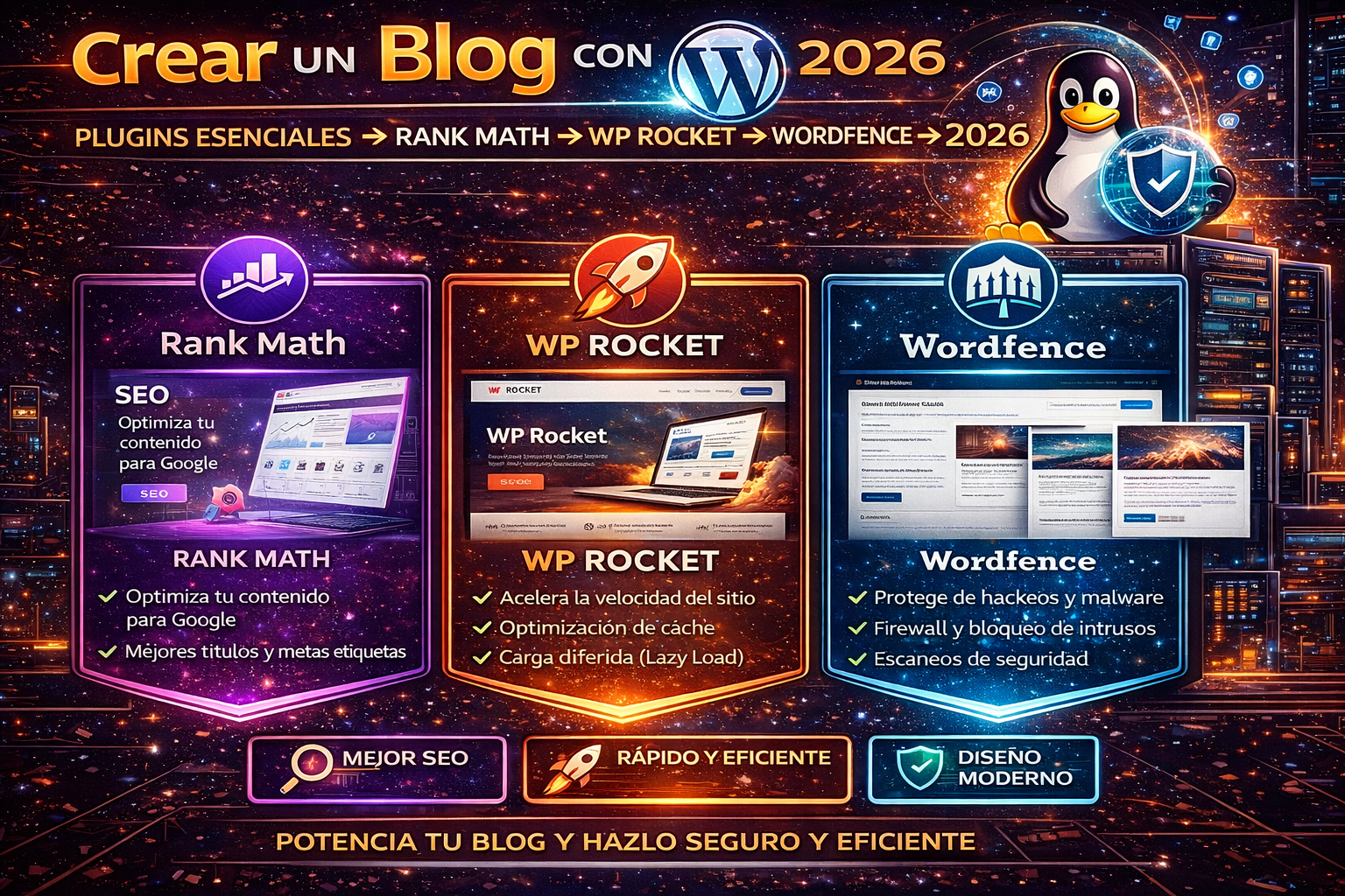 Crear un blog con WordPress plugins esenciales Rank Math WP Rocket Wordfence 2026