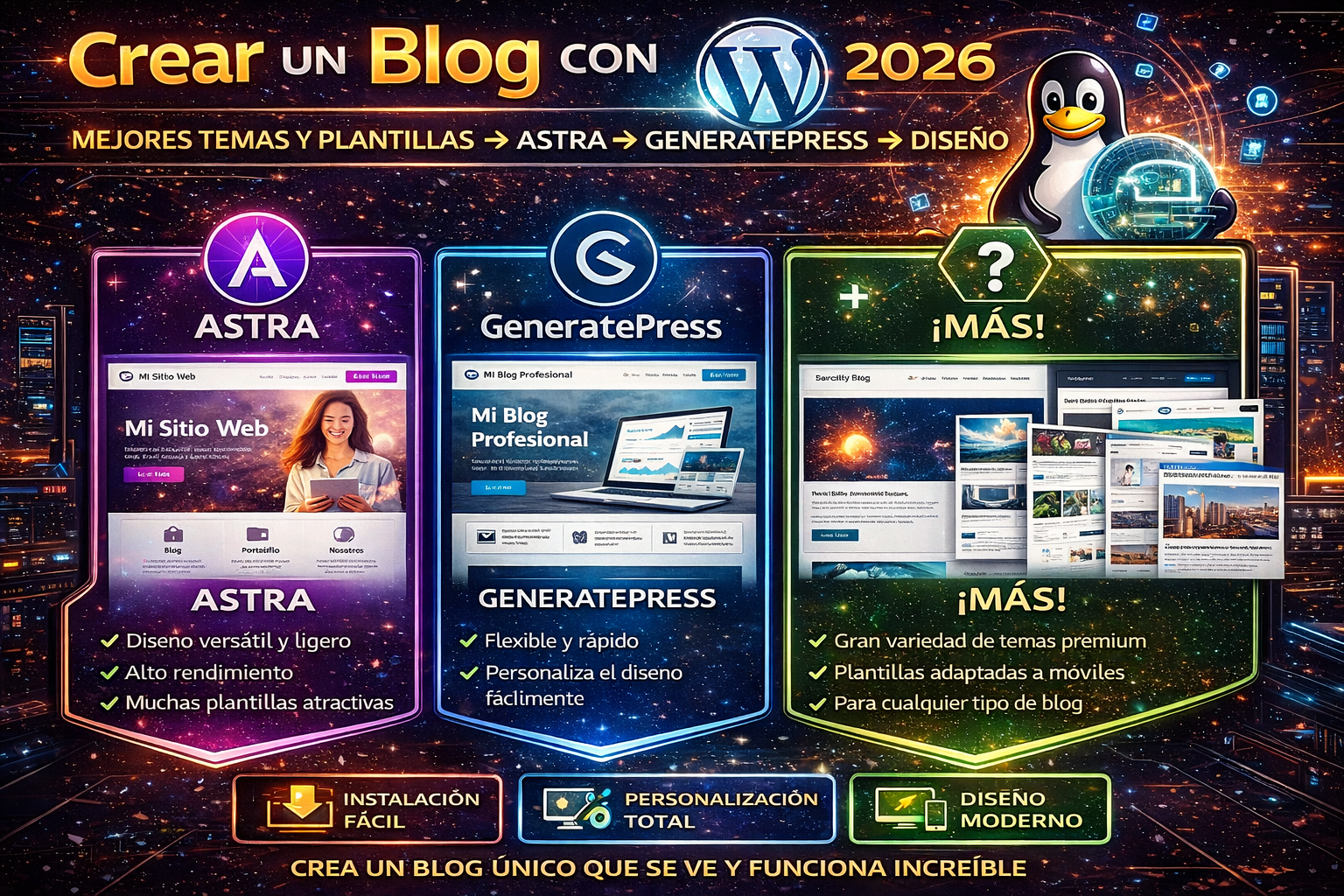 Crear un blog con WordPress mejores temas plantillas Astra GeneratePress diseño 2026