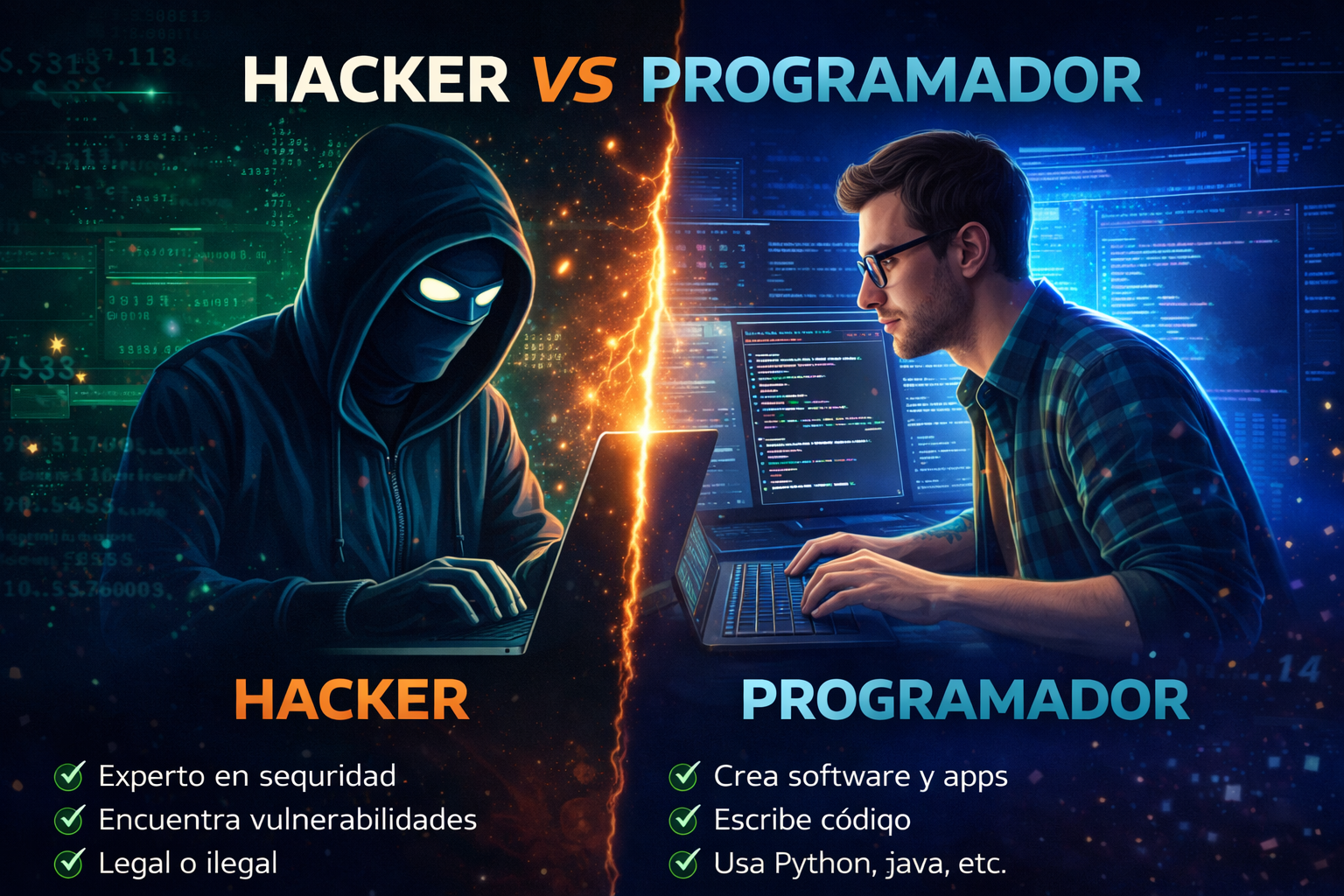 Comparativa visual hacker vs programador mostrando herramientas, código, terminal de pentesting y desarrollo de software lado a lado