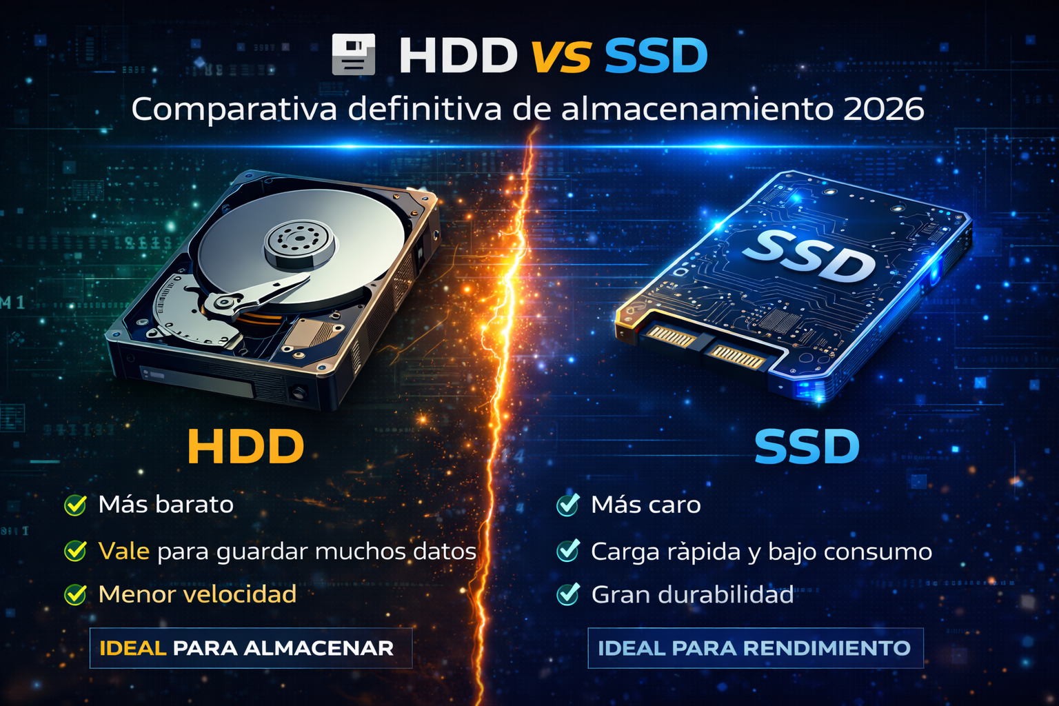 Comparativa visual HDD vs SSD mostrando disco mecánico con platos versus unidad estado sólido con chips, velocidades y precios