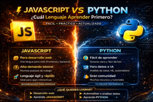 Comparación visual JavaScript vs Python cuál lenguaje aprender primero mostrando características, aplicaciones y ventajas de cada lenguaje de programación