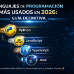 Ranking visual de lenguajes de programación más usados 2026 mostrando logos de Python, JavaScript, Java, Rust, Go con porcentajes de uso