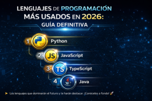 Ranking visual de lenguajes de programación más usados 2026 mostrando logos de Python, JavaScript, Java, Rust, Go con porcentajes de uso