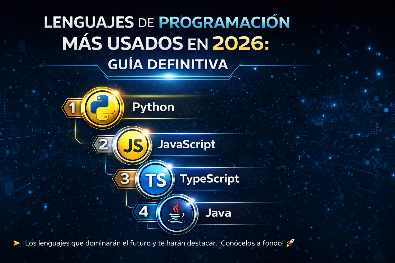 Ranking visual de lenguajes de programación más usados 2026 mostrando logos de Python, JavaScript, Java, Rust, Go con porcentajes de uso