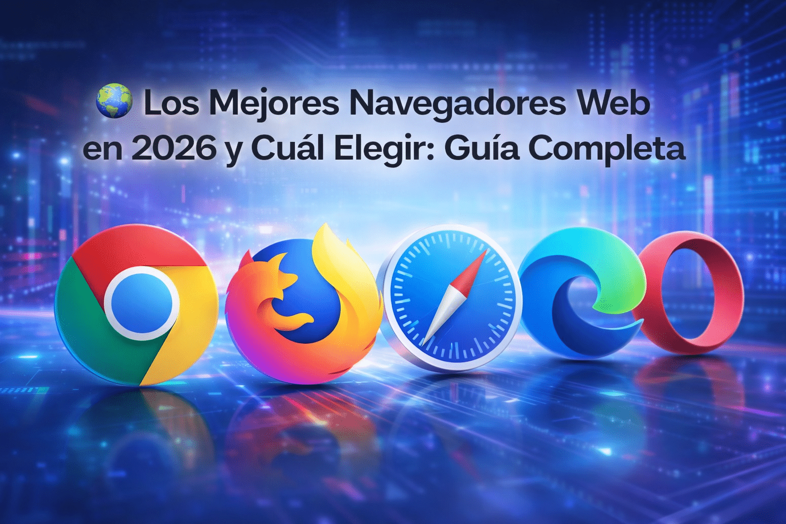 Comparativa visual de los mejores navegadores web 2026 mostrando Chrome, Firefox, Edge, Brave y Safari con iconos y velocímetros de rendimiento