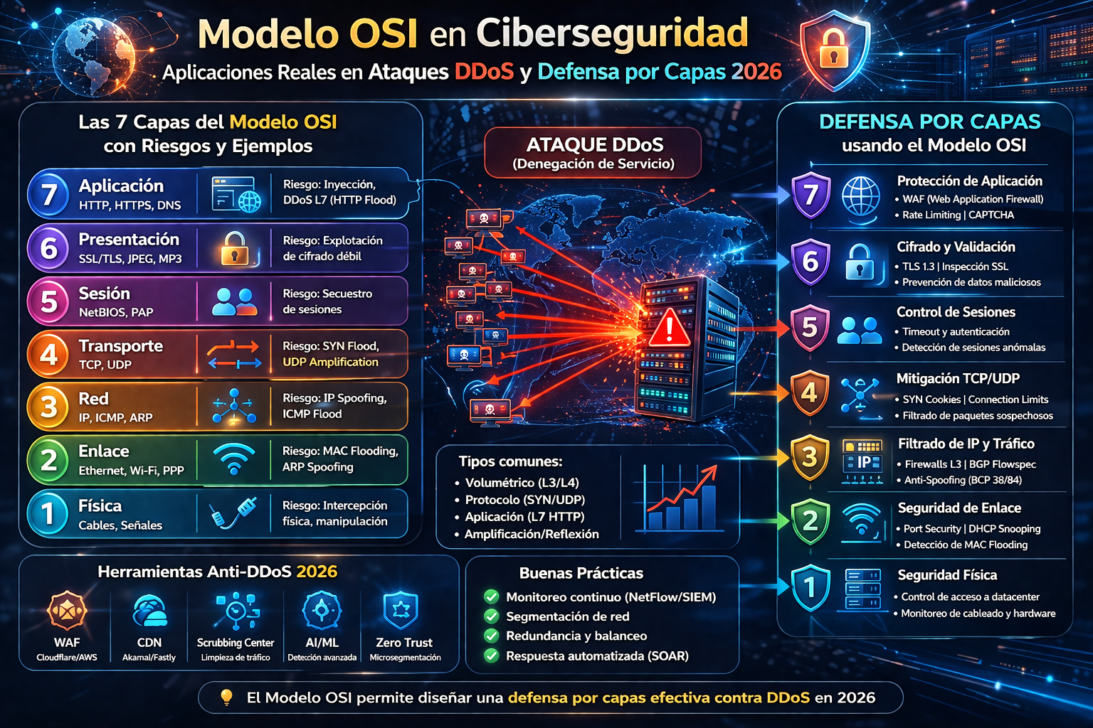 Modelo OSI aplicaciones reales en ciberseguridad ataques DDoS y defensa por capas 2026