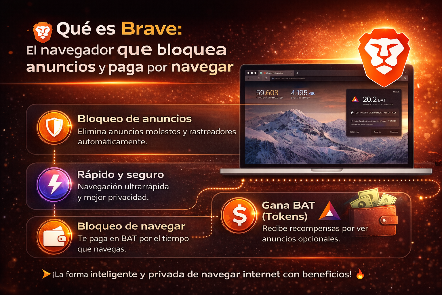 Interfaz de Brave navegador mostrando Shields bloqueando rastreadores, logo de BAT y estadísticas de privacidad en pantalla