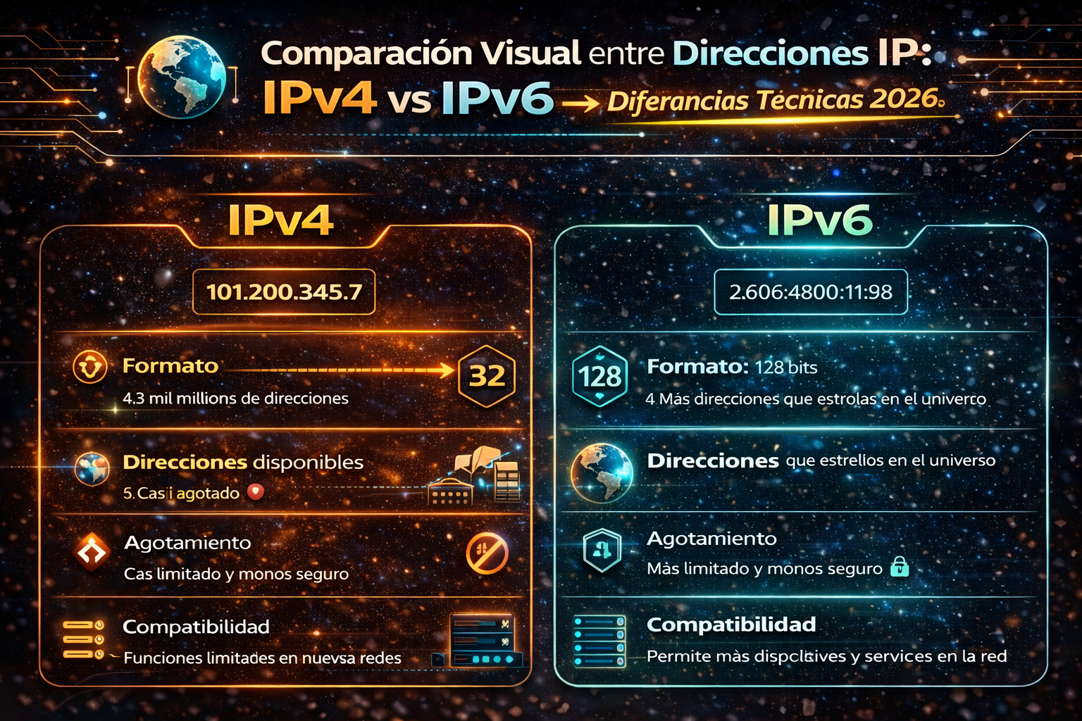 Comparación visual entre direcciones IP IPv4 e IPv6 con diferencias técnicas 2026