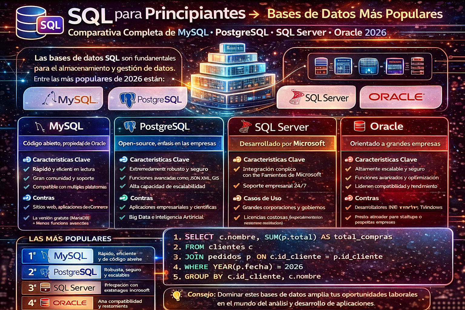 SQL para principiantes bases de datos más populares MySQL PostgreSQL SQL Server Oracle 2026