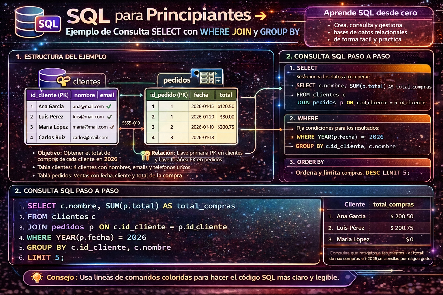 SQL para principiantes ejemplo de consulta SELECT con WHERE JOIN y GROUP BY 2026